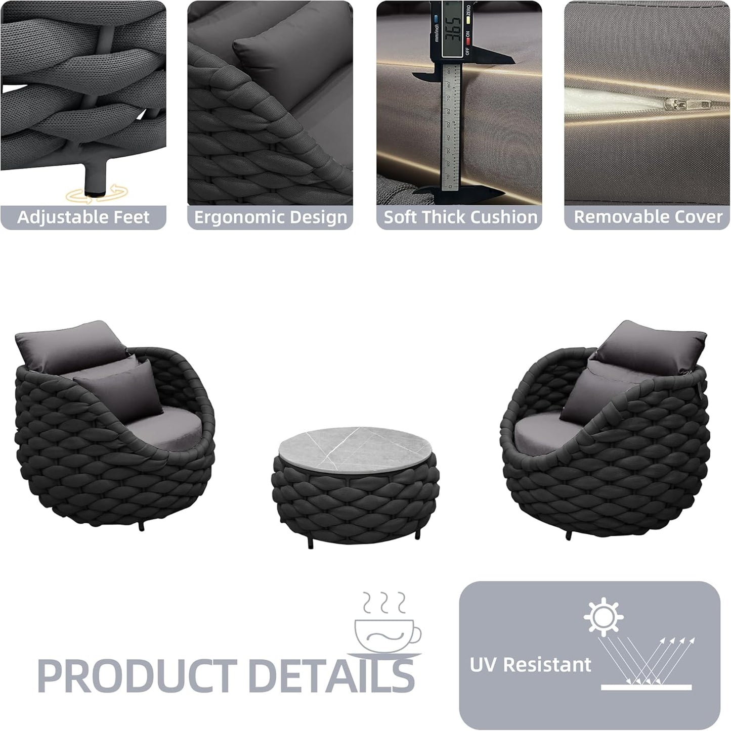 TWT 5-Piece Aluminum Patio Furniture Set, Outdoor Armchairs with Coffee Table, Metal Sofa Set for Deck, Porch, Balcony, Indoor, Dark Grey