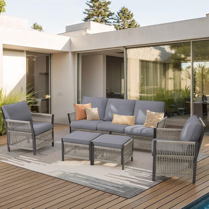 Patio Furniture Set Outdoor Conversation Sofa Set, 5-Piece All Weather PE Rattan Wicker High Back Outside Couch with Ottoman for Porch, Deck, Poolside - Dark Grey