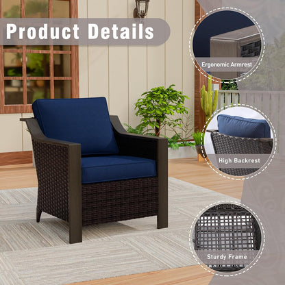 5 Piece Wicker Patio Conversation Set, All-Weather Use Outdoor 2 PE Rattan Chair, 2 Ottoman, 1 Patio Sofa, Removable Water-Resistant Cushion, Ideal for Porch, Backyard, Balcony, Poolside, Blue