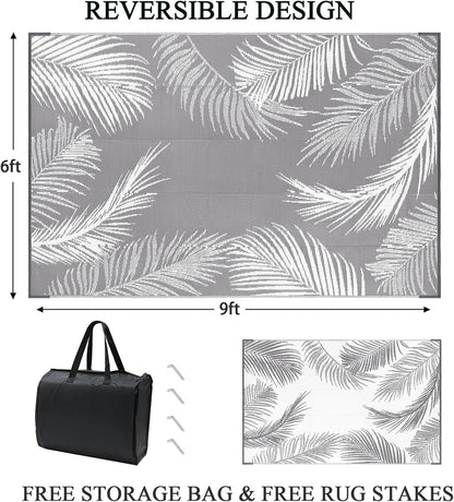 Pauwer Outdoor Rug, 6'x9', Leaf Grey, Reversible, Waterproof, Polypropylene, Lightweight, RV Mat, Patio Decor