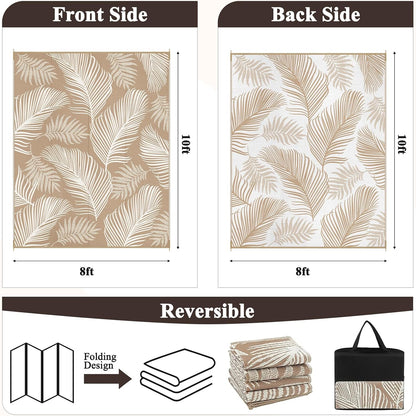 Pauwer Waterproof Outdoor Rug 8x10, Reversible Plastic Straw Patio Camping Rug, Indoor Outdoor RV Mat Carpet for Deck, Camper, Porch, Balcony, Backyard, Picnic, Leaf Brown