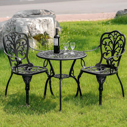 3 Piece Outdoor Bistro Set, Rustproof Outdoor Patio Furniture, Cast Aluminum Bistro Table Set with Umbrella Hole for Backyard, Balcony, Front Porch, Lawn, Pool (Black)