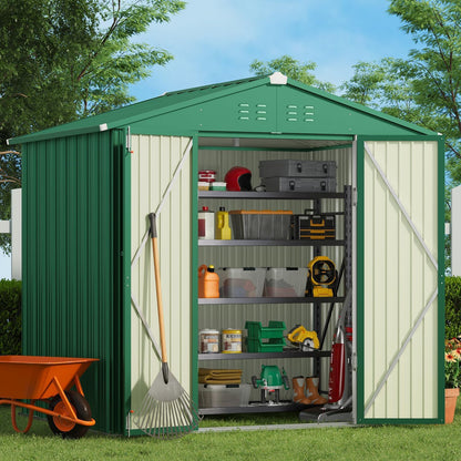 Gizoon Outdoor Storage Shed 8 x 6 FT, Galvanized Metal Garden Shed with Double Lockable Doors, Outdoor Storage Clearance for Backyard Patio Lawn-Green