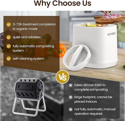 HEYNEMO 4L Electric Composter for Kitchen, Smart Compost Bin Outdoor/Indoor, Odorless Auto-Cleaning Countertop Composter Kitchen Bin, 3 Modes Food Waste Compost Machine with Safety Lock