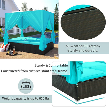 Patio Chaise Lounge, PE Rattan Outdoor Patio Wicker Sunbed Daybed with Adjustable Seats, Four-sided Canopy, Overhead Curtain and Blue Cushions for Backyard, Garden, Poolside (for 2-6 people)