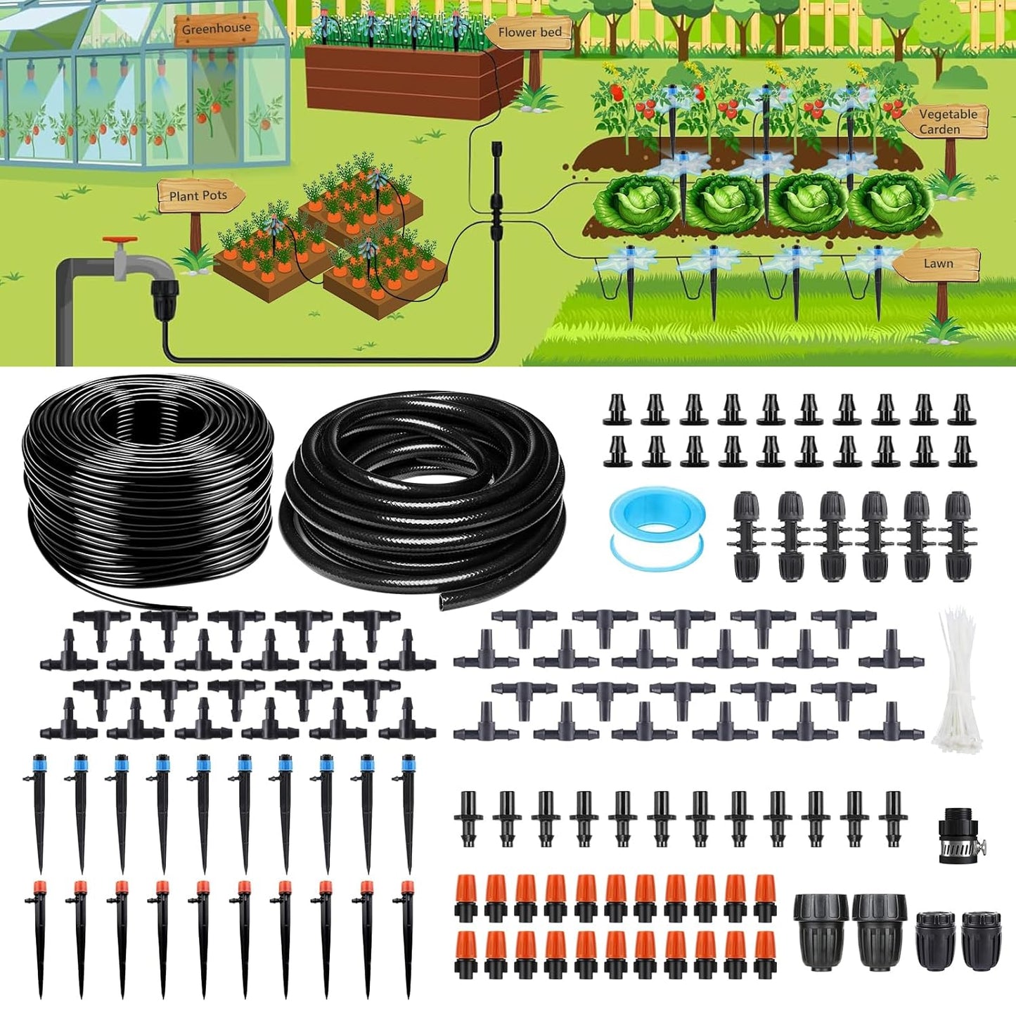 240FT Drip Irrigation System, Automatic Drip Irrigation Kit with 1/2 inch Hose 1/4 inch Distribution Tubing and Accessories for Greenhouse, Yard, Lawn, Plant