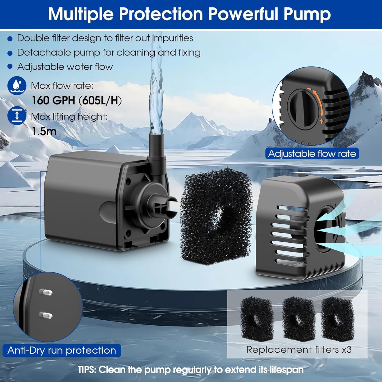 Biling 12W Solar Fountain Pump, Solar Pond Pump equipped filtration and anti-dry Protection, Solar Pond Fountain with PVC Tubing Various Nozzles Accessories for Water Garden & Pond Pumps