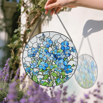 Stained Glass Window Hanging, 8 Inch Forget Me Not Stained Glass Suncatcher, Window Hanging Decor, Flower Sun Catchers, Gifts for Flower Lover, Birthday Gifts for Lover, Friend, Family, Teacher