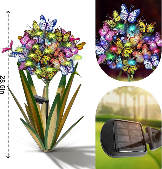 Solar Metal Agave Butterfly Flower Stick Garden Sculpture - Outdoor Gift, Christmas Lights, Swaying Butterfly, Sunflower - Solar Outdoor Statues (3 PCS Light Green)