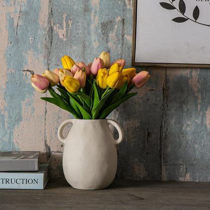 Off-White Ceramic Vase with 2 Handles, Sandstone Texture for Modern Farmhouse Decor, Rustic Pottery, Decorative Flower Vase, Clay Small Vase, Centerpiece for Dining Table - 7 Inch Tall