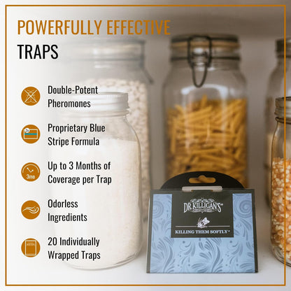 Dr. Killigan's Premium Double Potent Pantry Moth Traps with Pheromones Prime, Sticky Indian Meal Moth Traps for House, How to Get Rid of Moths in House (20 Pack, Blue)