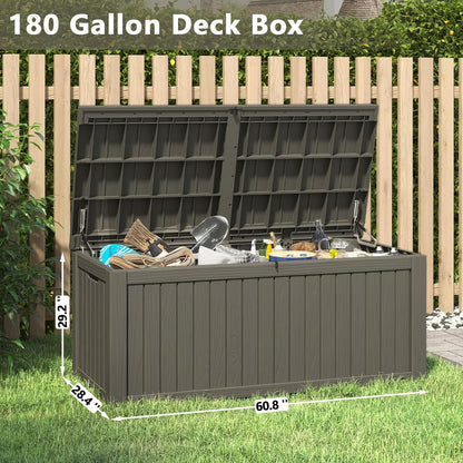 NUNU LAB 180 Gallon Outdoor Storage Box,Large Resin Sturdy Deck Box, Backyard Outside Storage Box Waterproof with Double Wall Panels,Package Delivery Garden Hose Storage Bin Outdoor Tool,Grey