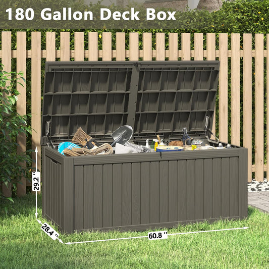 NUNU LAB 180 Gallon Outdoor Storage Box,Large Resin Sturdy Deck Box, Backyard Outside Storage Box Waterproof with Double Wall Panels,Package Delivery Garden Hose Storage Bin Outdoor Tool,Grey