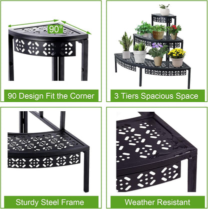 aboxoo 3 Tier Plant Stand Flower Pot Rack, Metal Stair-Step Style Corner Shelf Planters, Quarter Round Display Holder for Indoor Outdoor Use(Black, Semicircle)