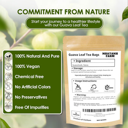 NHAT ANH FARM - Premium Guava Tea Bags - Dried Guava Leaves 40 Tea Bags, 2.5g/bag) - 100% Natural And Pure, Sugar/Caffeine/Gluten Free. Good For Your Health