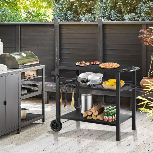 Grill Cart Table with Three Shelf, Movable Outdoor Dining Cart Pizza Oven Stand with Three Hooks, Kitchen Cart Island Multifunction Food Prep Table (Black)