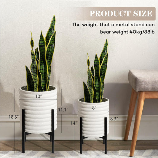 Oakrain Plants Pots with Stand, Set of 2 Indoor Planter Pots, Mid-Century Decorative Metal Flower Pots with Drainage for Living Room, Office, Garden, Balcony, 8"&10", White