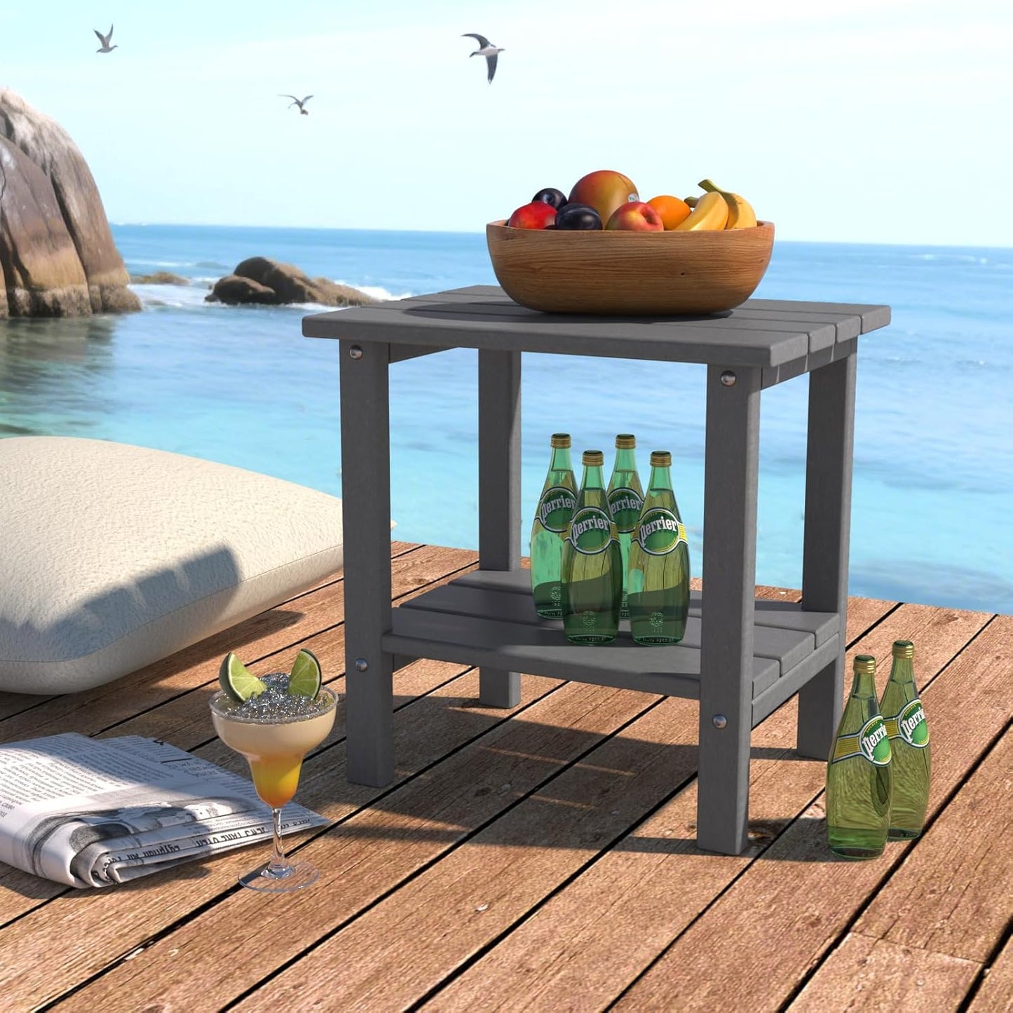 Outdoor Side Table, Weather-Resistant Patio Side Table for Backyard, Pool & Porch, Double Adirondack Durable & Stylish Patio End Table,Grey