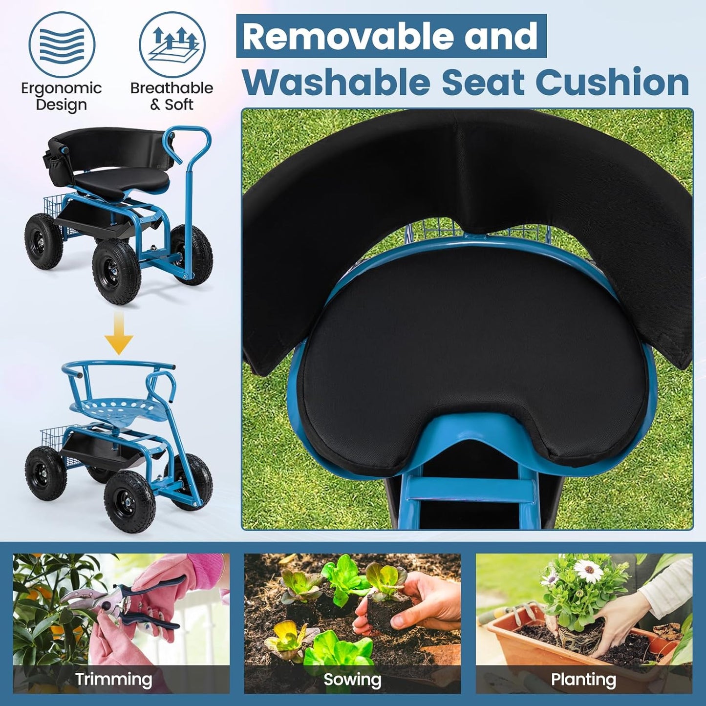 Goplus Garden Seat with Wheels, Rolling Gardening Stool with Adjustable 360° Swivel Seat, Tool Tray & Storage Basket, Extendable Handle, Outdoor Gardening Scooter, Garden Cart Workseat for Seniors