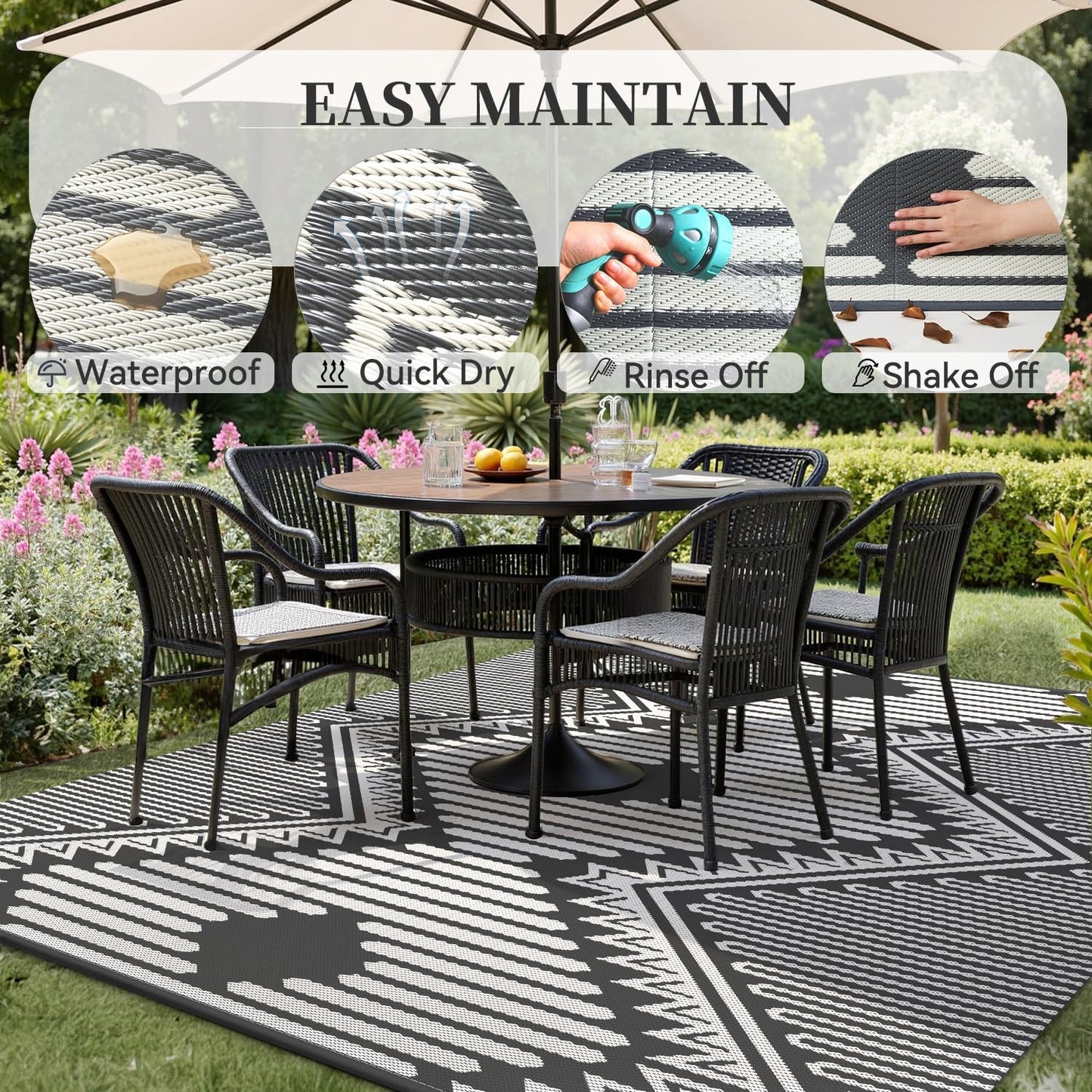 MontVoo Outdoor Rug-Waterproof Camping Rug Patio Rug Mat 6x9 Reversible Plastic Straw Outside Outdoor Rug for RV Camping Picnic Beach Balcony Backyard Pool Deck Porch Modern Boho Grey