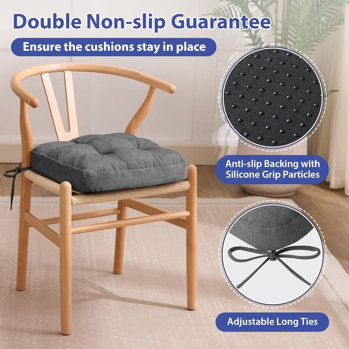 Chair Cushions for Dining Chairs, Dining Chair Cushions, Tufted Indoor Chair Pads with Ties & Non Slip Backing, Seat Cushions for Kitchen Chairs 16.5” x 16.5” x 3.5”, Set of 4, Grey