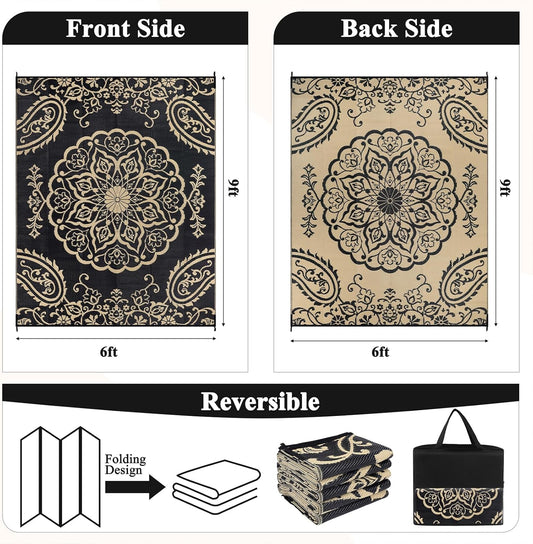 Pauwer Waterproof Outdoor Rug 6x9, Reversible Plastic Straw Patio Camping Rug, Indoor Outdoor RV Mat Carpet for Deck, Camper, Porch, Balcony, Backyard, Picnic, Boho Black Brown