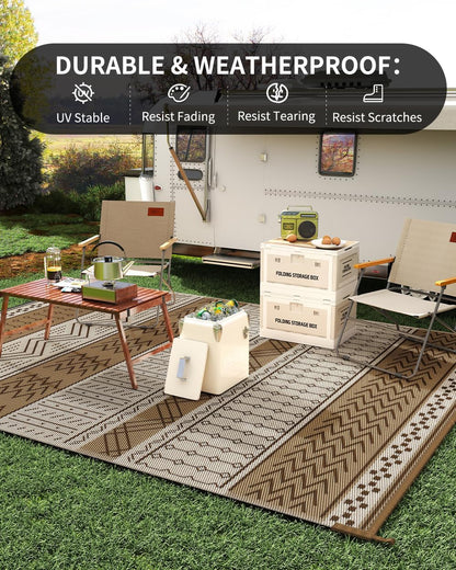 Outdoor Rug Carpet Waterproof 5x8 ft Patio Rug Mat Indoor Outdoor Area Rug for RV Camping Picnic Reversible Lightweight Plastic Straw Outside Rug for Patio Decor Decoration Boho Rug Brown Beige