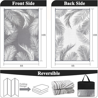 Pauwer Waterproof Outdoor Rug 8x10, Reversible Plastic Straw Patio Camping Rug, Indoor Outdoor RV Mat Carpet for Deck, Camper, Porch, Balcony, Backyard, Picnic, Leaf Grey