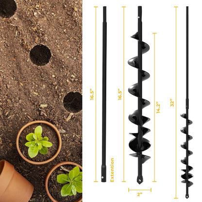 Auger Drill Bit for Planting 2x32'' - with Extension - Spiral Hole Planter for Bulbs, Fence Posts, and Umbrella Holes - 3/8'' Hex Drive Drill- Gardening Hole Digger Yard Tools