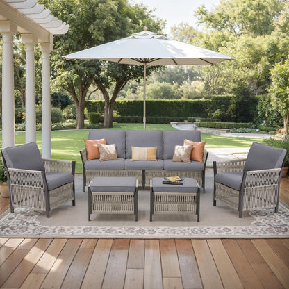 Patio Furniture Set Outdoor Conversation Sofa Set, 5-Piece All Weather PE Rattan Wicker High Back Outside Couch with Ottoman for Porch, Deck, Poolside - Dark Grey