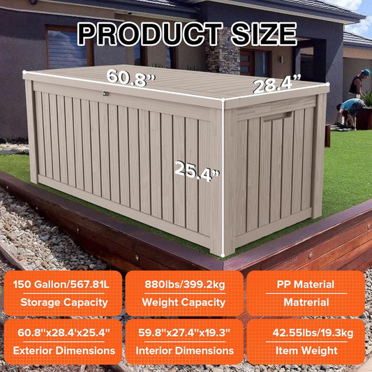 152 Gallon Deck Box Waterproof, UV Resistant Resin Outdoor Storage Box with Hydraulic Rod, Lockable Design and Enhanced Durability for Patio, Garden, and Poolside Use