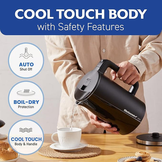 Elite Gourmet 1.7L Cool-Touch 1500W Fast Boil Electric Kettle, Fully Stainless Steel Lid & Interior BPA Free, Double Wall, Auto Shut-Off, Black