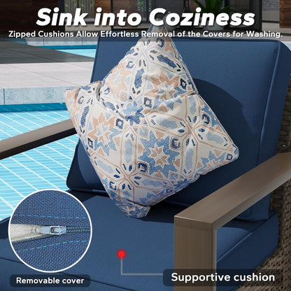 Patio Metal Wicker Chairs Set of 2, All Weather Outdoor Rattan Dining Chairs with Rectangular Framed Wood-Looking Armrest & Fade-Resistant Cushions for Deck Balcony Backyard, Dark Blue