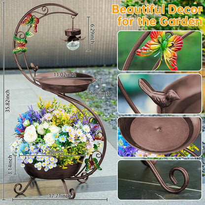 Bird Bath for Outside with Solar Lamp, 36" Birdbaths for Outdoors with Planter Flower Pot, Metal Bird Bath Bowl for Garden Yard Decor (All Vintage Brown)