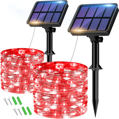 2 Pack Solar String Lights Outdoor - 160LED 66FT Solar Fairy Lights Waterproof 8 Modes, Copper Wire Solar Powered Twinkle Lights for Outside Tree Garden Christmas Wedding Party Decor, Red