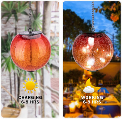 Hanging Solar Lights Outdoor Solar Lanterns Outdoor Decorative Cracked Glass Ball Lights Solar Powered Waterproof LED Globe Lantern for Outdoor Porch Patio Garden Decor Gift Orange