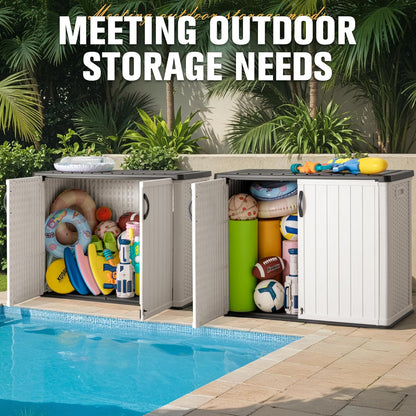 Greesum Outdoor Horizontal Storage Sheds 27 Cu.ft Resin Large Storaged Box Weather Resistance, Without Shelf, Easy to Assemble, Prefect for Garden, Patios, Backyards, White