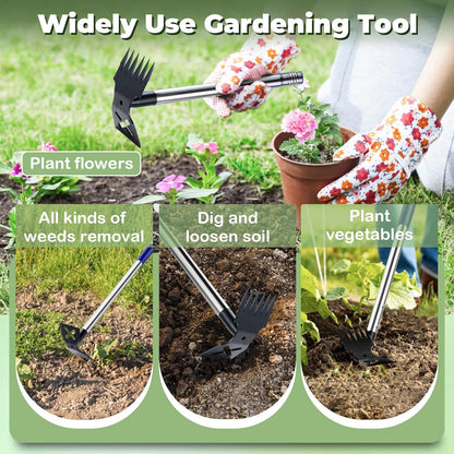 Weed Puller Tool with Long Handle, 60'' Weed Remover Weeding Tool, Heavy Duty 2 in 1 Manual Weed Rake and Garden Hoe, Gardening Weeder Tools for Yard, Lawn, Patio, Garden Blue