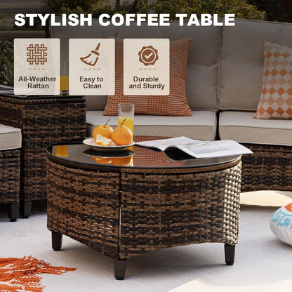 11 Piece Outdoor Patio Furniture Set, Half-Moon Curved Sectional Sofa Rattan Conversation Set with Wood Armrests, Coffee Table & 2 Side Table（Brown）