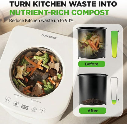 NutriChef 4 Quart Electric Kitchen Composter | Smart Countertop Composter Includes 2 Odorless Carbon Filters | Electric Compost Bin for Indoor Use | 3 Volume Based Modes Small, Medium & Large | White
