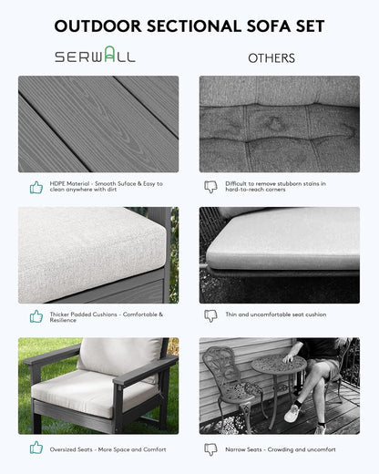 SERWALL HDPE Patio Furniture Set, 7-Piece Outdoor Sectional Sofa Set, All Weather Outdoor Couch Set for Deck, Lawn, Grey Frame with Khaki Cushion