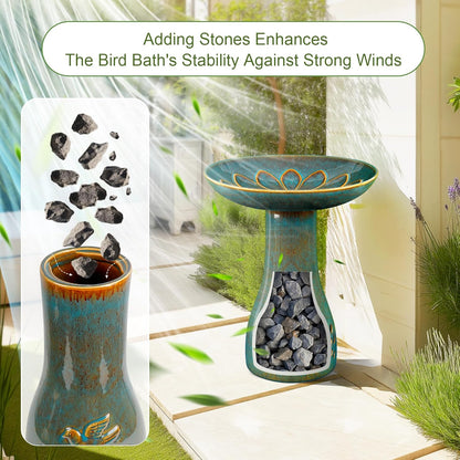 Ceramic Bird Bath for Outdoors, 21.5 inch Heavy Duty Bird Bath，Weather-Resistant Birdbath for Outdoor Garden Use, Attracts Birds, Elegant Yard Décor - Blue