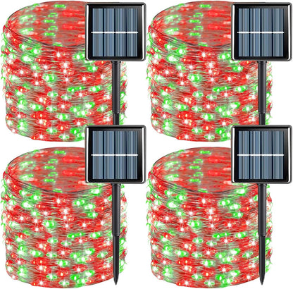 QITONG 4 Pack Red and Green Solar Christmas Lights, Each 33ft 100 LED Fairy Lights Outdoor Waterproof, 8 Modes Mini Twinkle String Lights for Outside