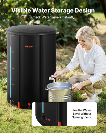 VEVOR Collapsible Rain Barrel, 100 Gallon Portable Rain Water Collection Barrel, 1000D PVC Rainwater Collection System, Garden Water Catcher Tank Storage Container with Spigot & Overflow Kit, Black