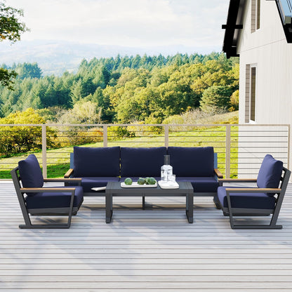 Aluminum Outdoor Sofa,4 Seats Modern Patio Furniture Set,Sectional Sofa Conversation Set with Coffee Table, Upgraded Washable Cushions for Garden Backyard,Blue