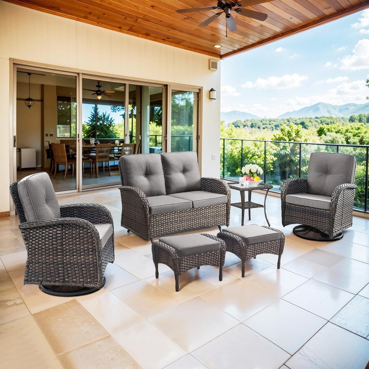 6 Piece Patio Conversation Sets - Wicker Patio Furniture Sets with Outdoor Swivel Rocker Chairs, Glider Loveseat Perfect for Patio Deck Backyard, Brown Wicker Grey Cushion