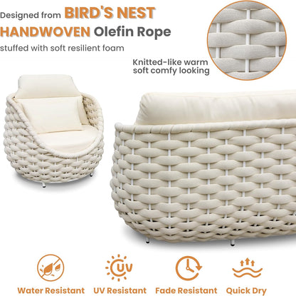 Woven Rope Outdoor Sofa Set: 5 Pieces Aluminum Patio Conversation Set Assembled - All Weather Cushioned Porch Furniture Couch - Modern Metal Lounge Set for Deck Yard Resort Hotel Sunroom, Beige