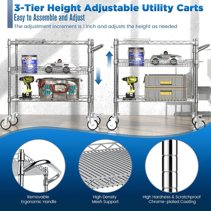 Leteuke Heavy Duty 3 Tier Rolling Utility Cart,NSF Certified 990Lbs Capacity Rolling Carts with Wheels,Commercial Grade Metal Cart with Handle Bar & Shelf Liner,Trolley Serving Cart for Kitchen,Chrome