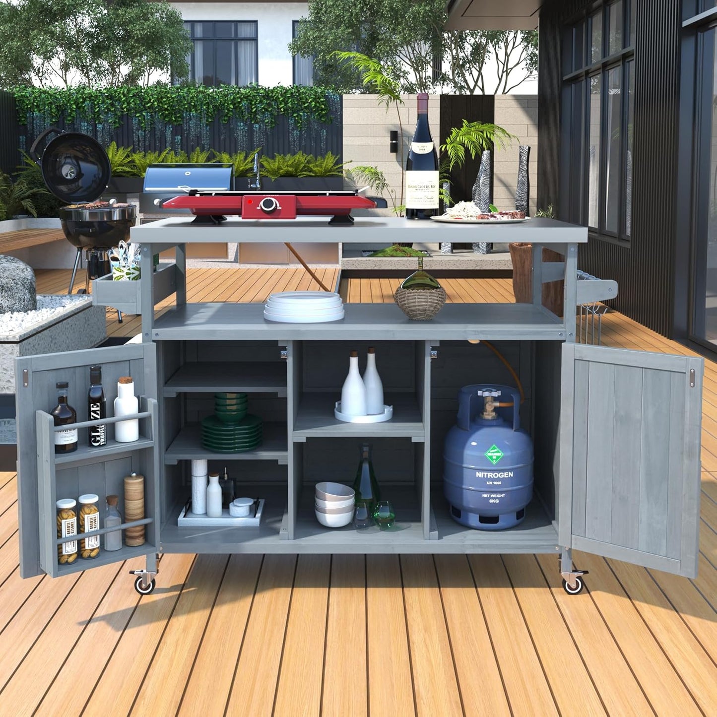 50.25" W Grill Cart with Stainless Steel Tabletop - Outdoor Storage Cabinet for BBQ, Bar Patio Kitchen Island with Ample Storage and Lockable Wheels