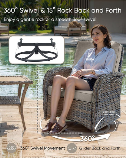 HUMMUH Outdoor Swivel Chairs,3 Pieces Patio Furniture Set with 360 Degree Wicker Swivel Rocking Chairs and Side Table for Garden,Porch,Backyard (Brown/Grey)